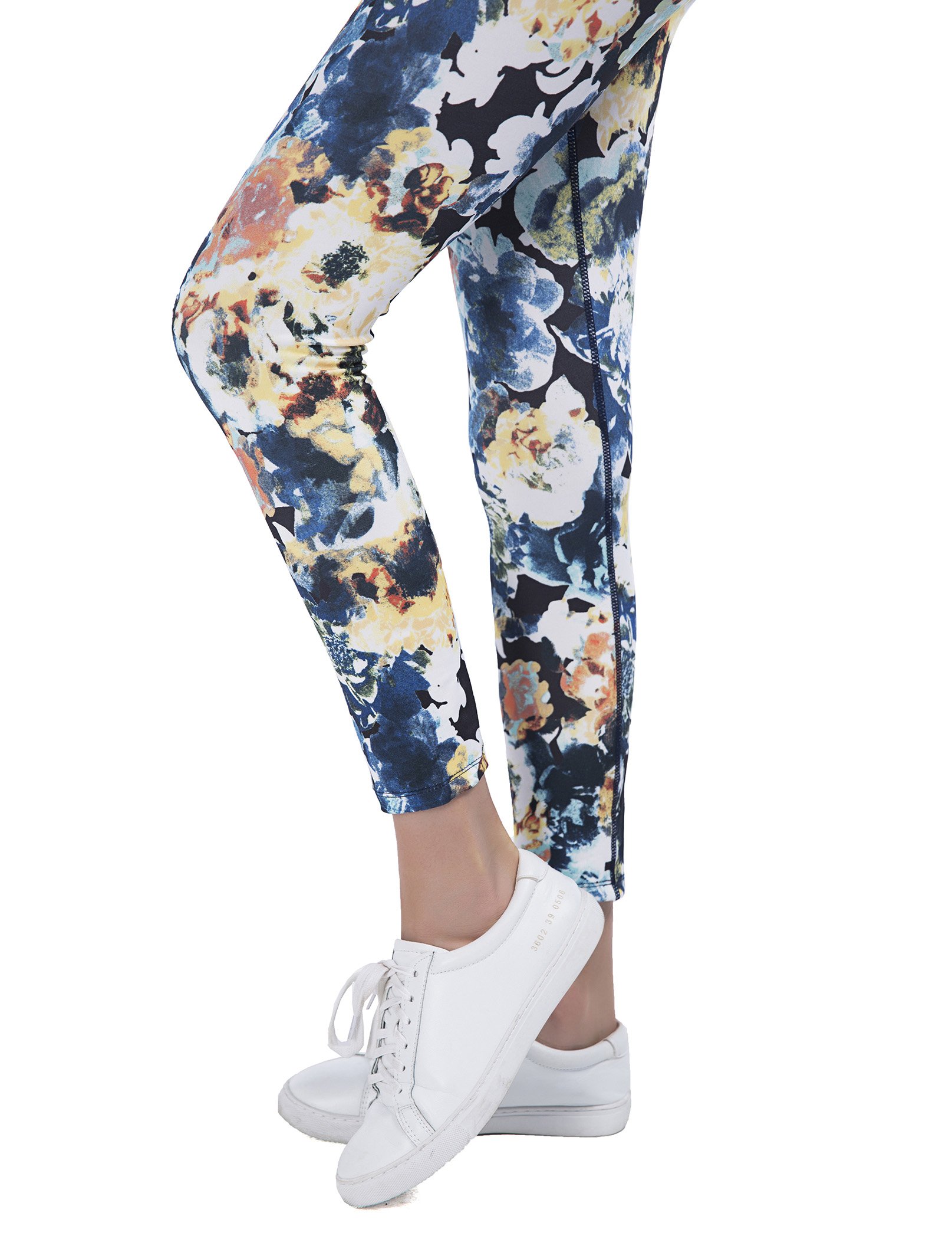 SPECIAL MAGIC Women\'s High Waisted Floral Print Long Legging Navy Blue L