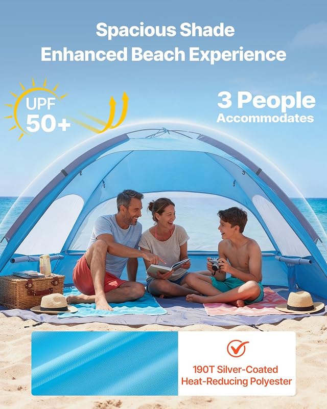 Strandmuschel Sonnenschutz für 3 Personen, UPF 50+ Schutz, Tragbares Strandzelt mit Tragetasche & Bodenverankerungen, Leichter Strandsonnenschirm für Camping Angeln Picknick, Sonnenzelt