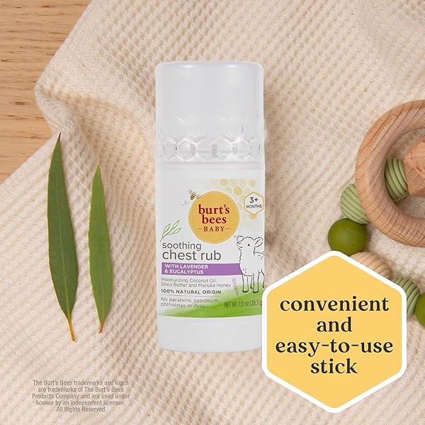 BURT’S BEES BABY CHEST RUB STICK, COCONUT OIL, SHEA BUTTER AND MANUKA HONEY LAVENDER & EUCALYPTUS, WHITE, 1 OUNCE