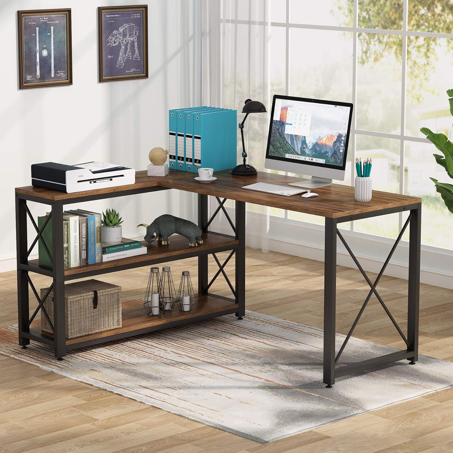 Tribesigns Industrial L-Shaped Desk with Storage Shelves, Corner Computer Desk PC Laptop Study Table Workstation for Home Office Small Space, Rustic Brown