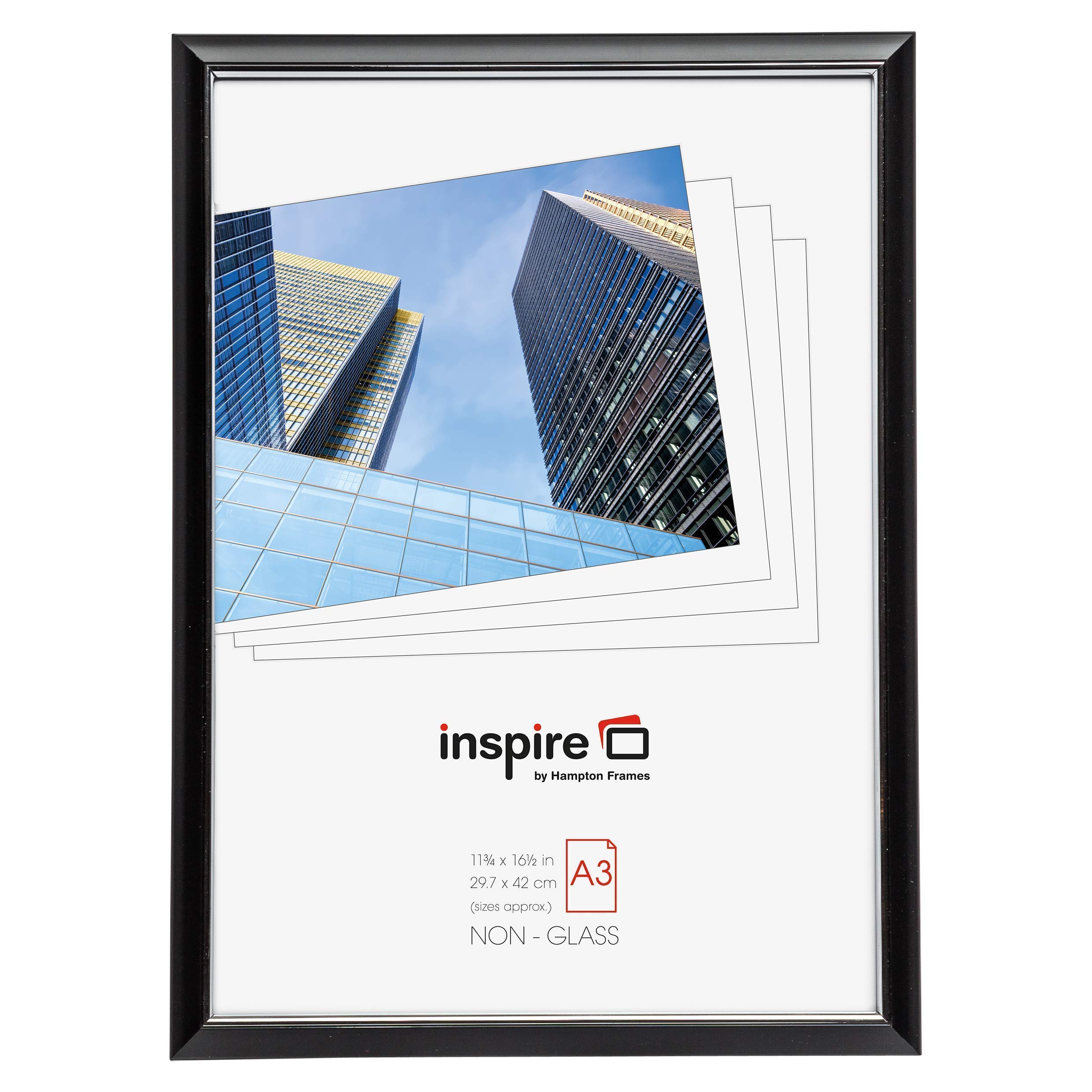Hampton Frames | Photo Certificate Frame | A3 (30x42cm), Black, Rectangular, Extruded Plastic, Foil Wrapped | Perspex Front, Wall Mount, Portrait or Landscape | Lightweight display for home or office