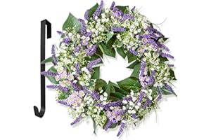 LIFEFAIR Flower Wreath, 22inch Artificial Lavender Greenery Wreath for Front Door Wall Home Farmhouse, Valentine Wreath Celebration Decor with Wreath Hanger