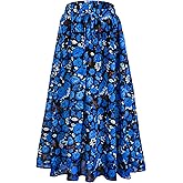 Maxi Skirt for Women Floral Boho A-line Long Summer Skirts with Elastic High Waist Adjustable Drawstring, Pockets