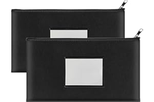 HOINY 2 Pack Money Bags with Zipper, Bank Pouch with Label, 11 x 6.1 Inch PU Leather Cash Deposit Holder for Coins, Invoice, Bills, Cosmetics, Tools (Black)