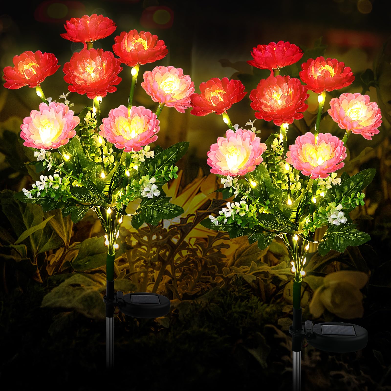 FWLWTWSS Solar Lights Outdoor Garden - 2 Pack Snow Lotus Solar Garden Lights, Garden Lights Solar Powered Waterproof with 7 Small Snow Lotus Flowers, Garden Ornaments Outdoor (Red)
