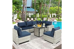 Furnimy Outdoor Furniture Patio Furniture Sets Conversation Sets Sectional Sofa Couch Wicker Rattan Balcony Furniture for Lawn,Garden,Porch and Poolside (Gray-Navy Blue, w/Fire Pit Table Plus)