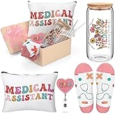 Skylety 5 Pcs Medical Assistants Gifts Sets for Women 16 oz Glass Cup Sock Cosmetic Bag Badge Reel Present Box Novelty CMA Recognition Day Thank You Medical Assistants Week Appreciation Gift