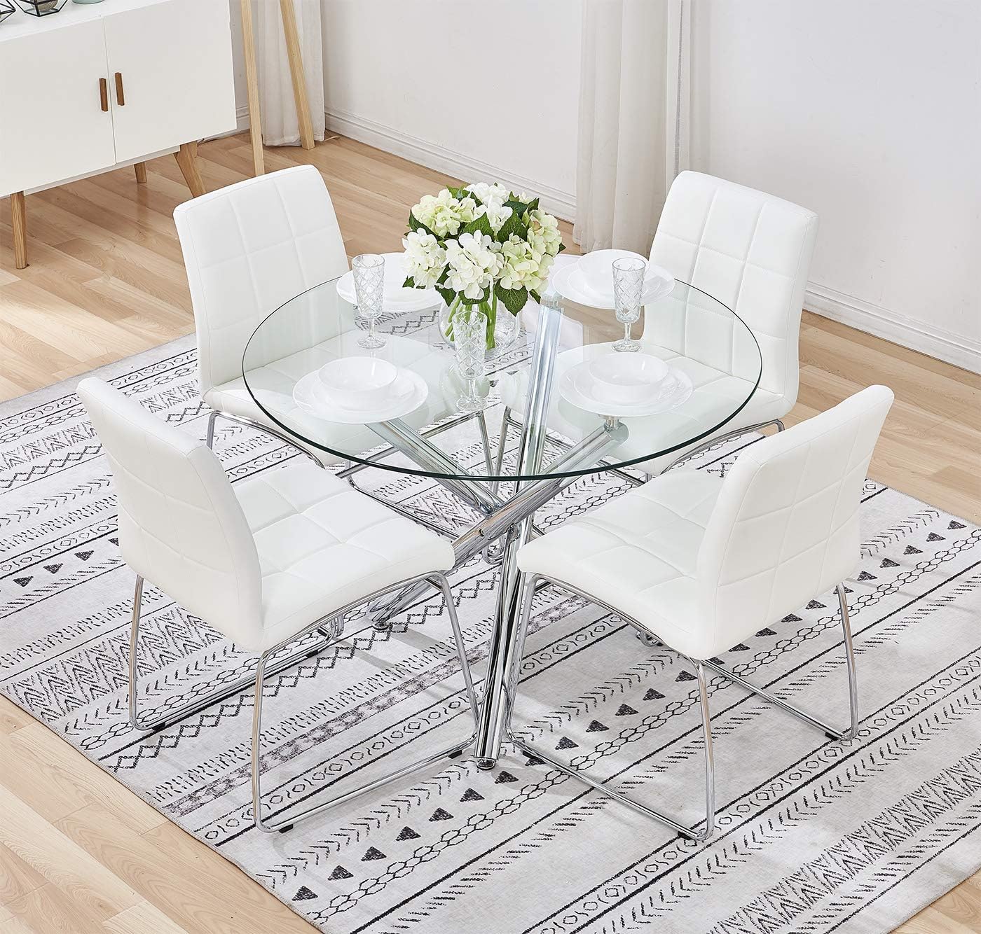 Clear Round Dining Table and 4 White Chairs Set Cross Chrome Legs Living Kitchen Room Office Lounge Reception Areas