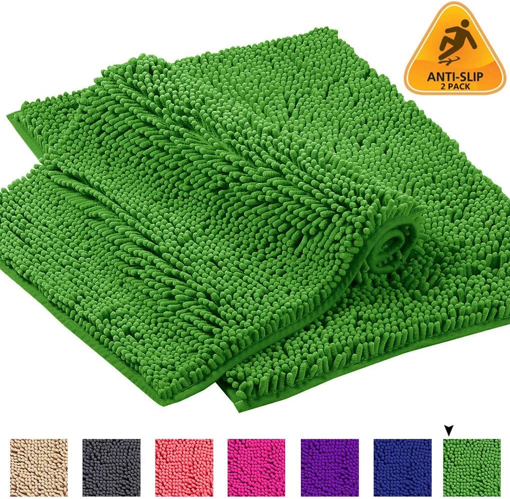 2 Pcs Plush Chenille Bath Rug Floor Mat Non Slip Absorbent Ultra Soft Bathroom Mat Machine Washable Colorful Restroom Mats-Green