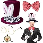 Hikkcos 4PCS Easter White Rabbit Costume Set - Bunny Top Hat & Ears Topper Plush Hat - Black Costume - Mad Hatter Dress Up for Easter & Halloween