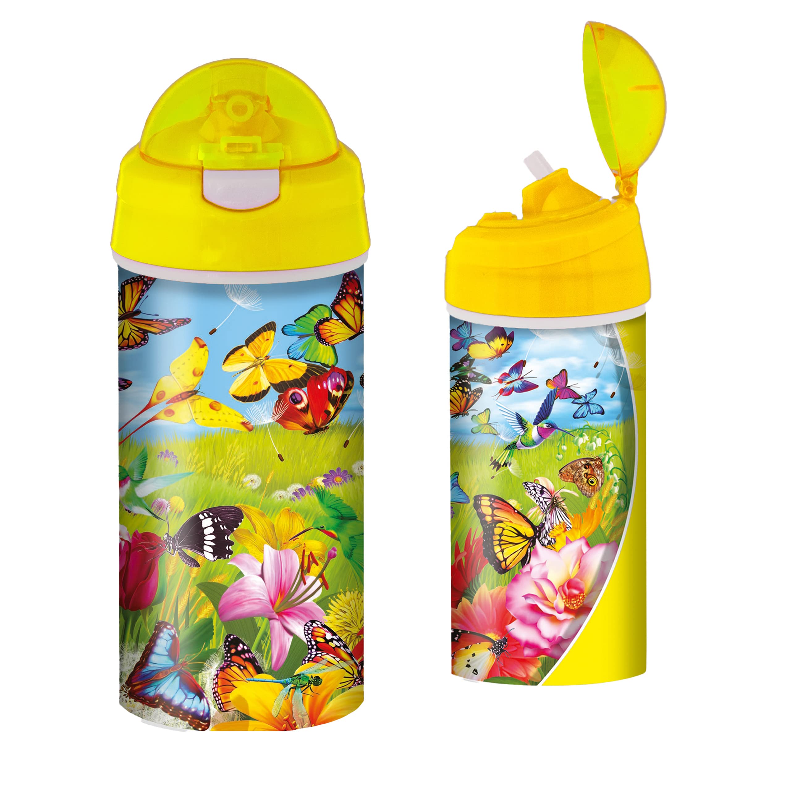 3D LiveLife Drinking Bottle - Butter Flutter from Deluxebase. 3D Lenticular 600ml BPA Free Reusable Yellow Water Bottle with Straw & Flip Top Lid. Leak Proof Animal Drinks Bottles Butterfly Design.