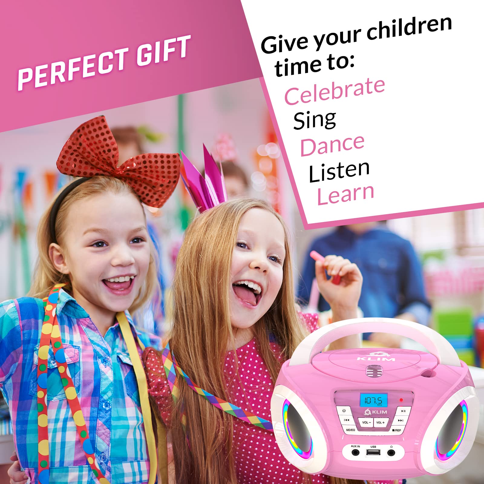 KLIM Candy Kids CD Player for Children - FM Radio - Includes Batteries - Pink - Boombox Portable - CD Player Children - with Speakers, Toddlers (Pink)