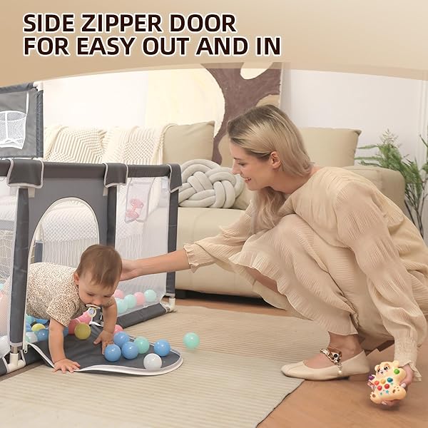PLAYPEN FOR BABIES AND TODDLERS,73″X71″BABY PLAYPEN WITH MAT INDOOR＆OUTDOOR WITH BREATHABLE PLAY PEN WITH OCEAN BALLS HANGING POCKET BASKETBALL HOOP AND FOOTBALL GOAL (GREY WITH MAT, 73″X71″)