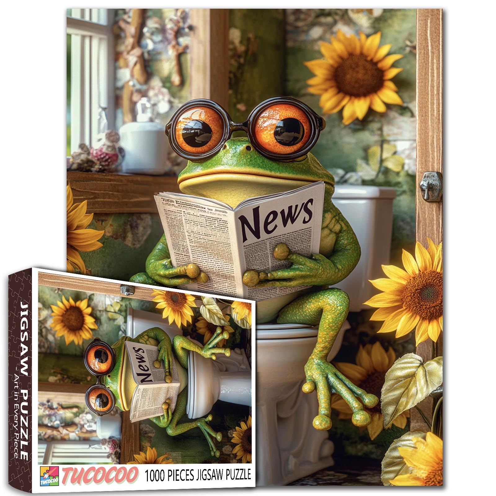 Photo 1 of Funny Frog on Toilet 1000 Piece Puzzle for Adults Big Eyed Frog Reading Newspaper Jigsaw Bathroom Decor with Sunflowers Whimsical Animal Puzzles for Men Women Family Challenging Unique Puzzle Gift