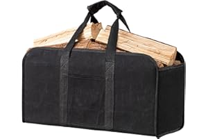 eletecpro Large Firewood Carrier Bag, Durable Waxed Canvas Log Carrier with Handles, Wood Carrying Bag for Fireplace & Wood Stove (Black)