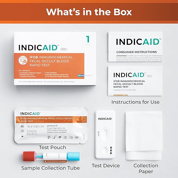 INDICAID IMMUNOCHEMICAL FECAL OCCULT BLOOD RAPID TEST (IFOB), FIT COLON TEST, ACCURATE AND EASY AT HOME, NO PREP REQUIRED, FSA/HSA ELIGIBLE (1 PACK)