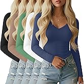 Sweetyweee 5 Pack Long Sleeve V Neck T Shirts for Women, Cotton Slim Fitted Shirt Casual Tight Basic Tee Tops for Layering