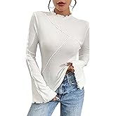 Remidoo Womens Mock Neck Bell Long Sleeve T Shirt Lettuce Trim Fitted Shirt White X-Small