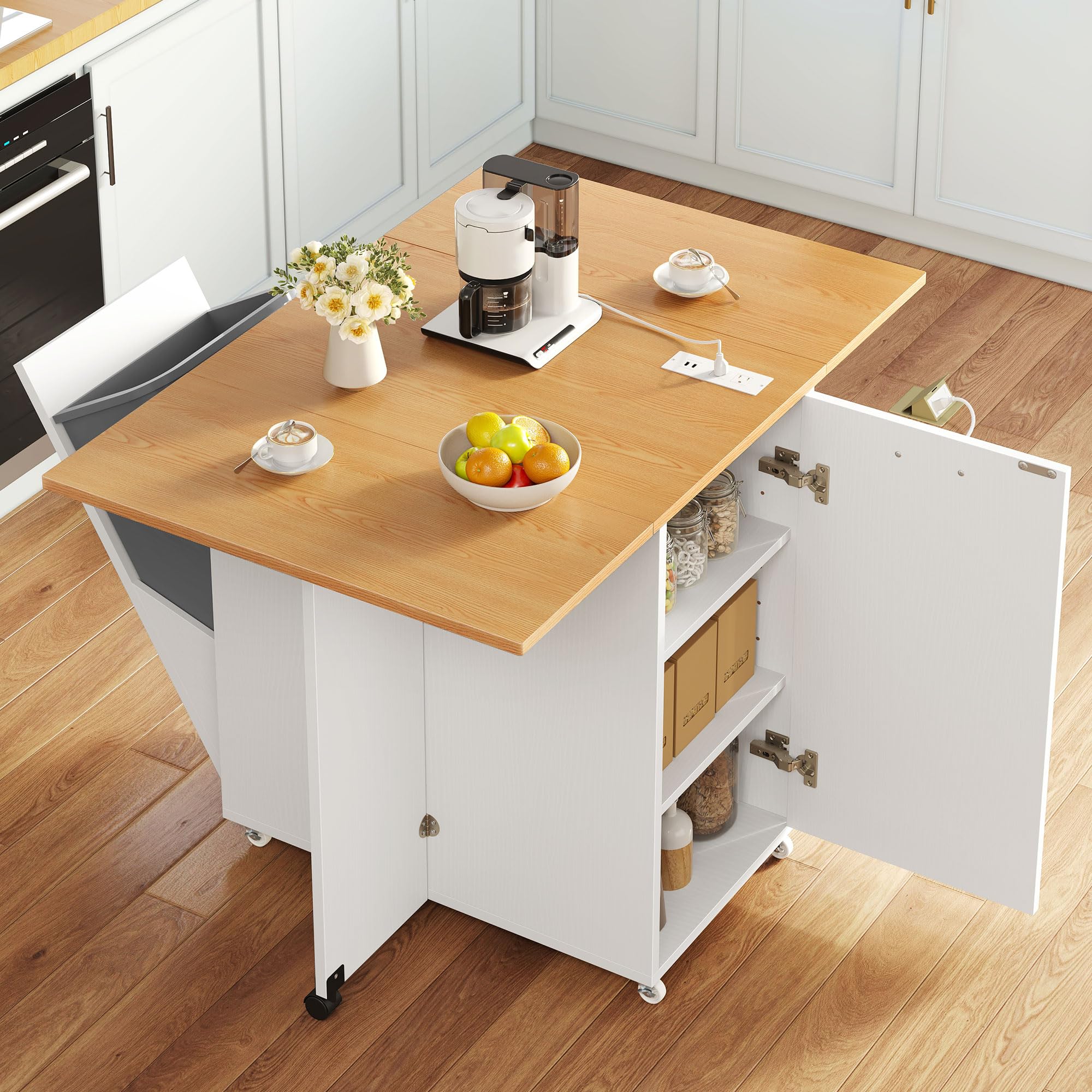 Photo 1 of YITAHOME Kitchen Island with Drop Leaf, Folding Extendable Dining Table with Power Outlet, Space Saving Mobile Storage Islands with Trash Can Cabinet Fit 10-Gal Garbage Bin, Yellow Oak