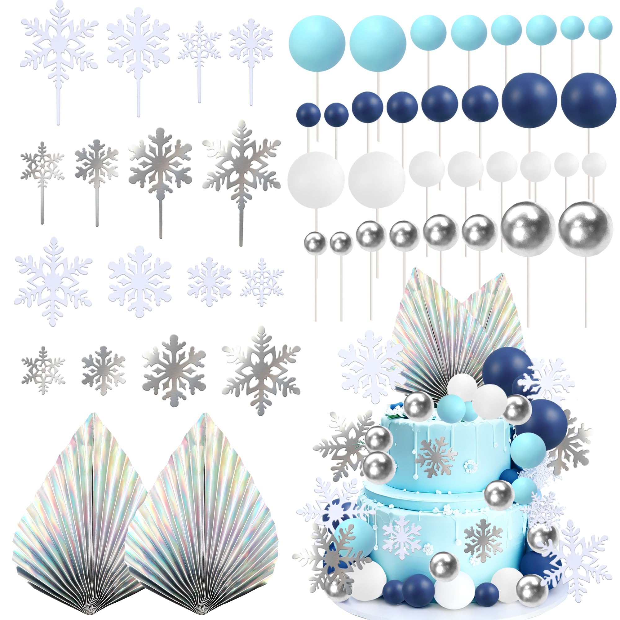 Xsstarmi Winter Frozen Cake Topper Decorations with White Snowflake Blue Balls Cake Picks for Winter Wonderland Birthday Christmas Party DIY Cake Decorations Supplies