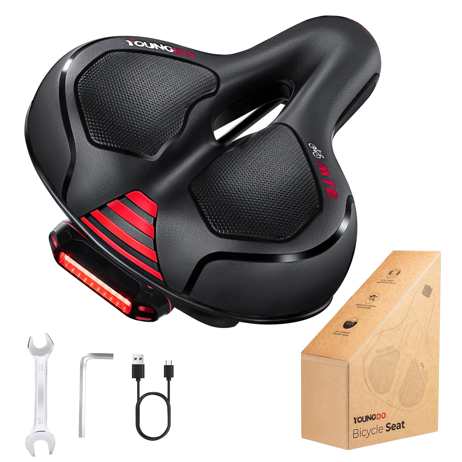 YOUNGDO Ultra Comfortable Bike Saddle, Ergonomic Design, Hollow Design, Double Spring Shock Absorber, Detachable Rear Light, Waterproof, for Mountain Bike, Black+Red