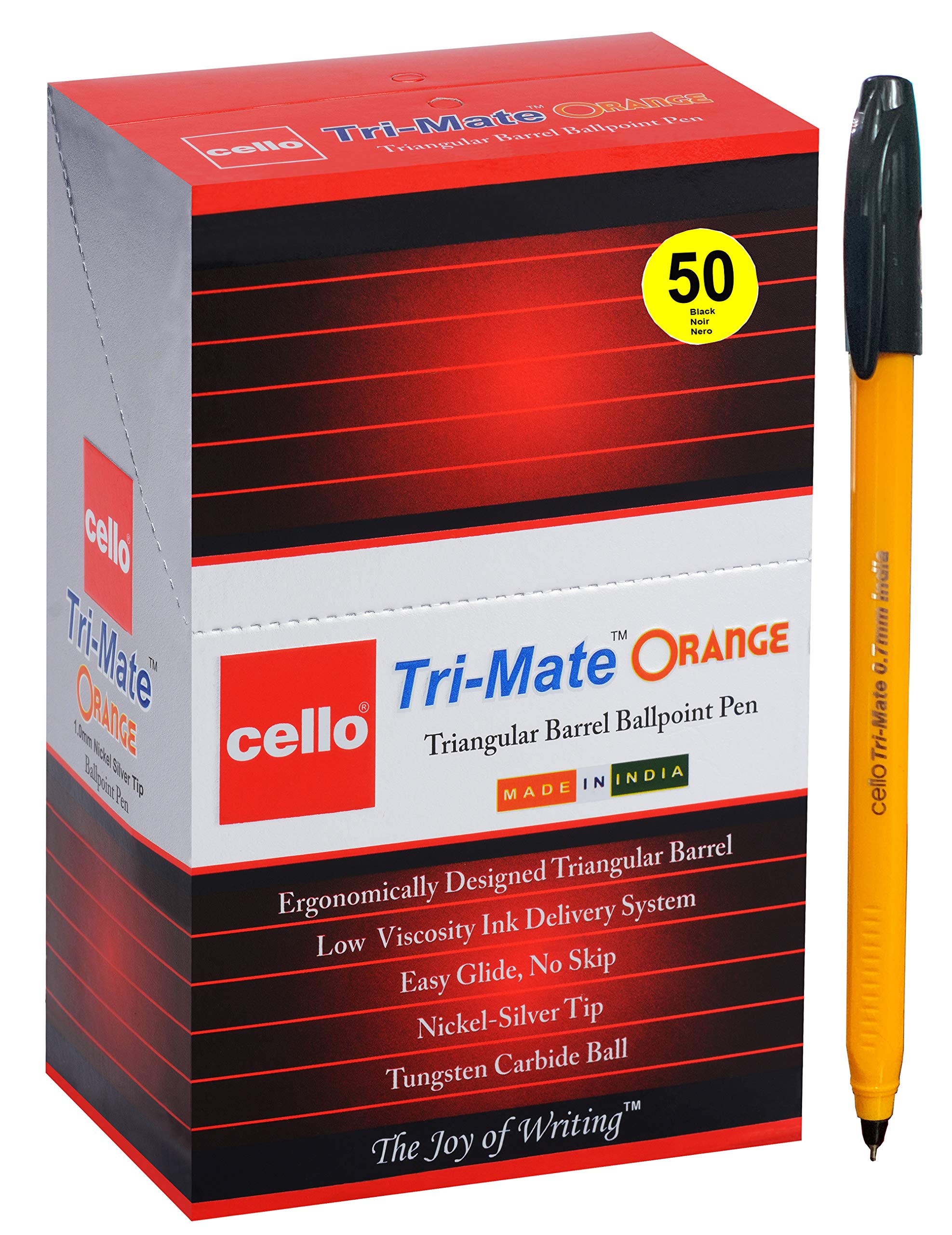 Cello Tri-Mate Orange Ballpoint Pens Medium Point Biro, (Black, Pack of 50)