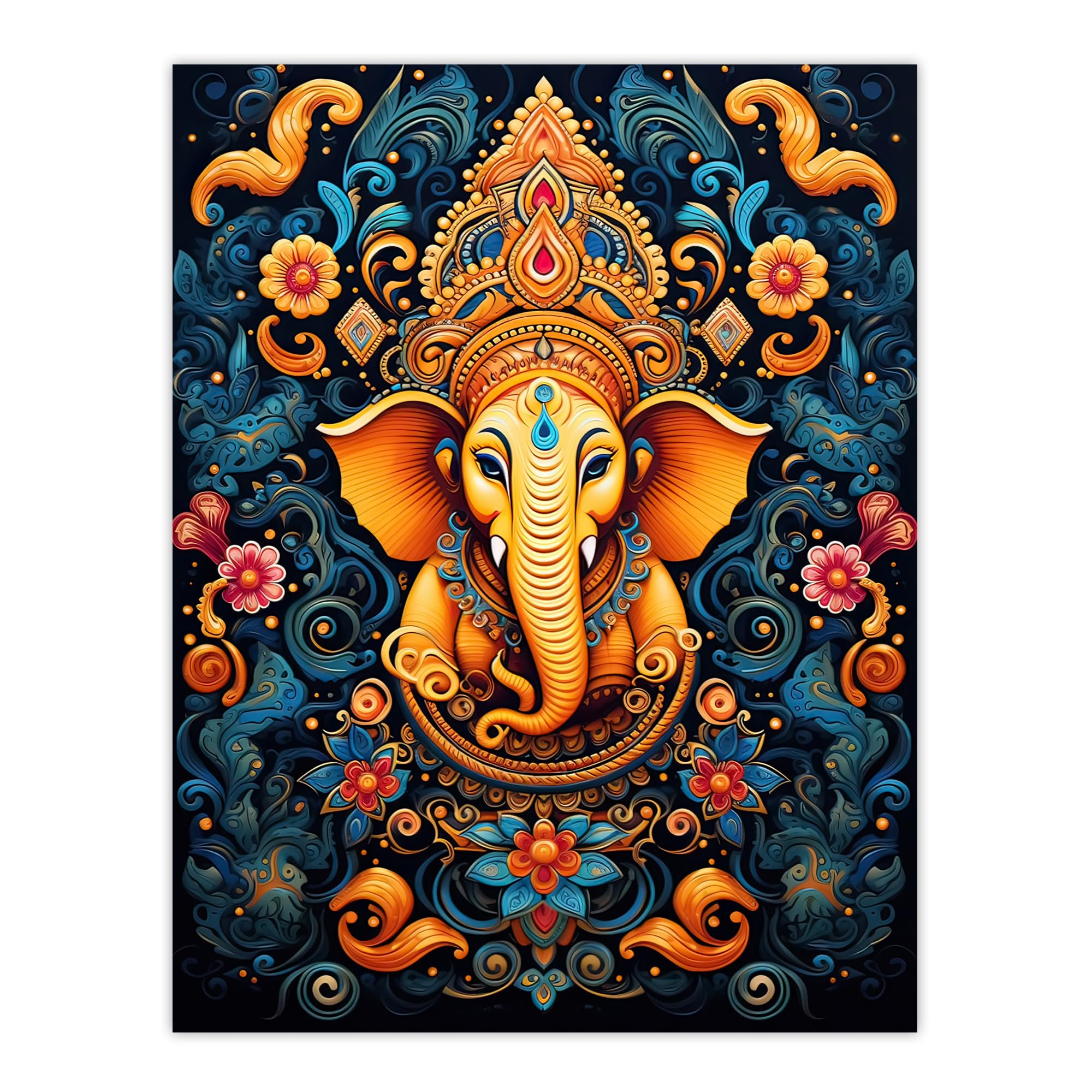Artery8 Ganesha and Flowers Hindu Concept Art Orange Blue Vibrant Ornate Floral Pattern Design with Elephant Extra Large XL Wall Art Poster Print