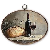 DILSJ Christian Bread and Wine Kitchen Oval Wall Art Decor, Rustic Farmhouse Canvas Wall Art Framed, Religious Communion Hang