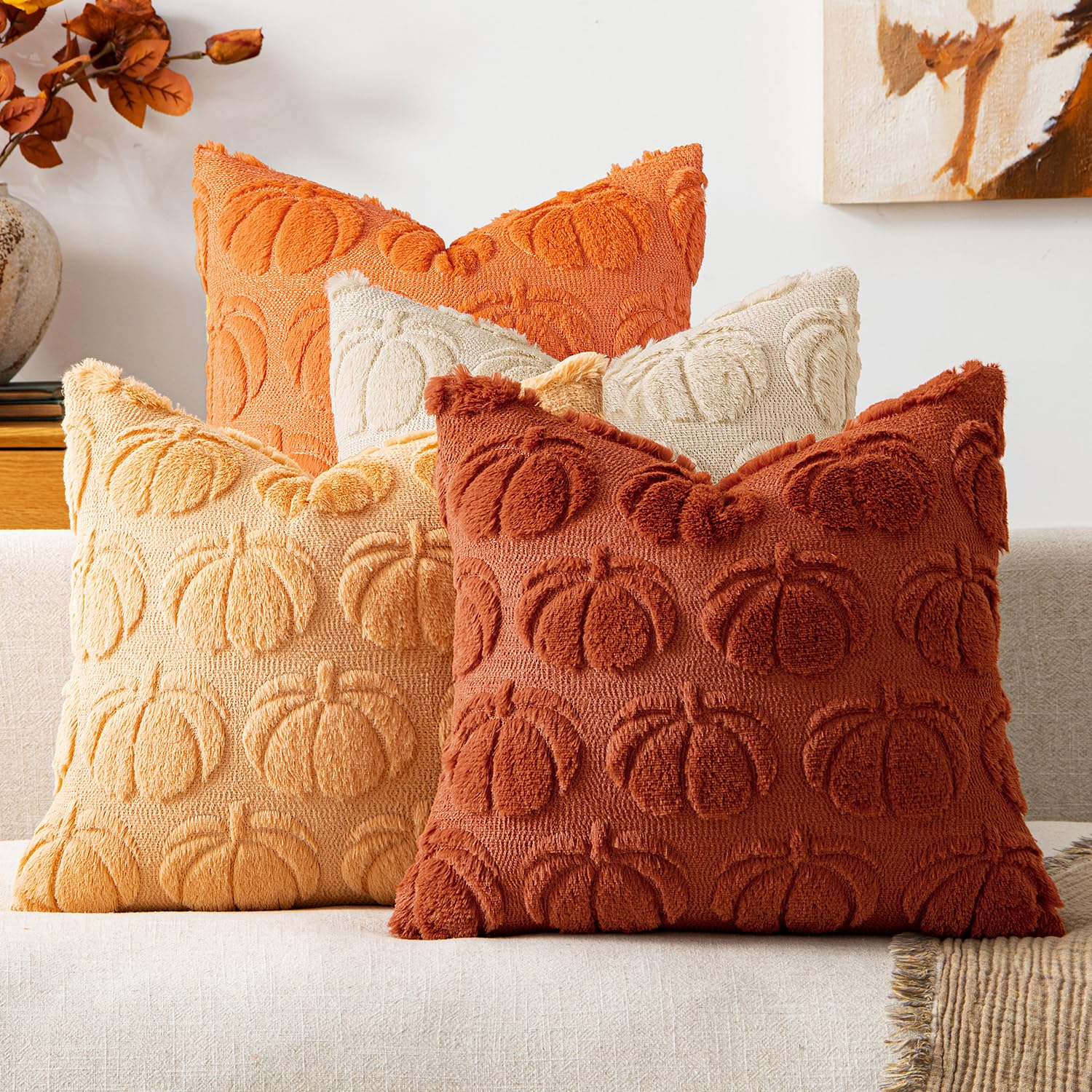 Photo 1 of **PARTIAL SET ONLY 1 /DARKEST COVER ** MIULEE Fall Pumpkin Pillow Covers 18x18 Inch Set of 4 - Soft Cozy Plush Decorative Pillows with Embroidered Pumpkin Pattern Autumn Halloween Holiday Decor for Sofa Couch Bed Living Room,Rust-Beige