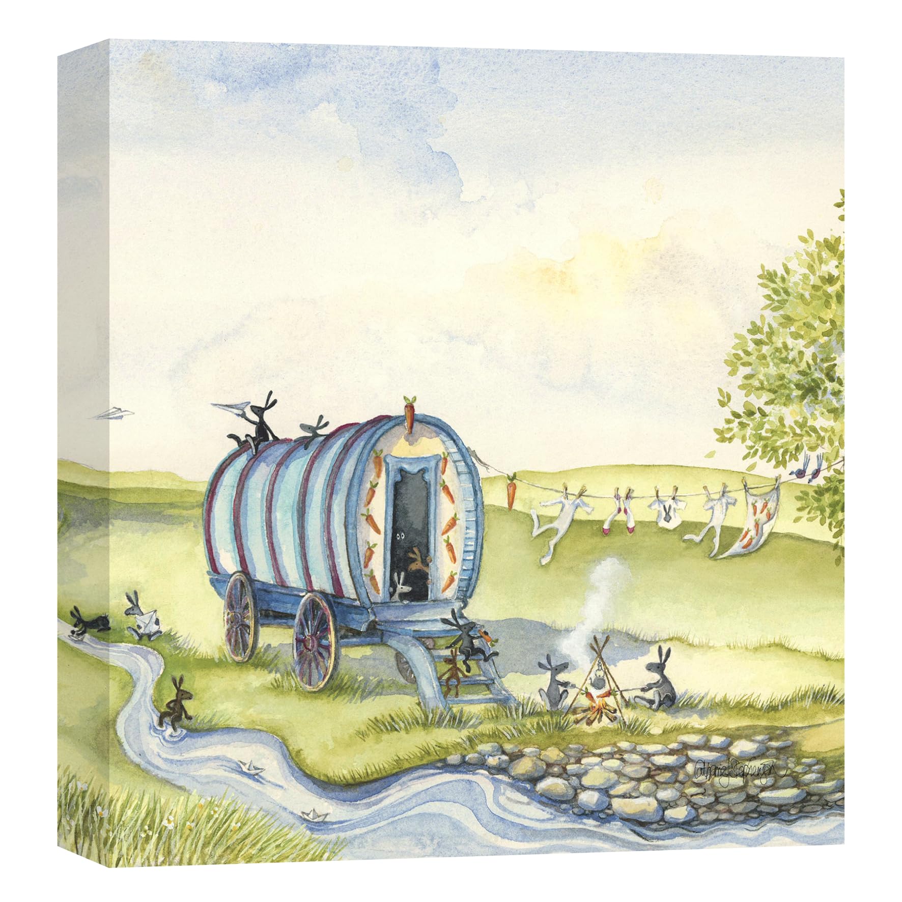 Artko Rabbits & Caravan Canvas Wall Art - 'Gypsy Caravan' by Catherine J Stephenson - Charming Animal Print - Ready to Hang Home Décor - 30cm x 30cm