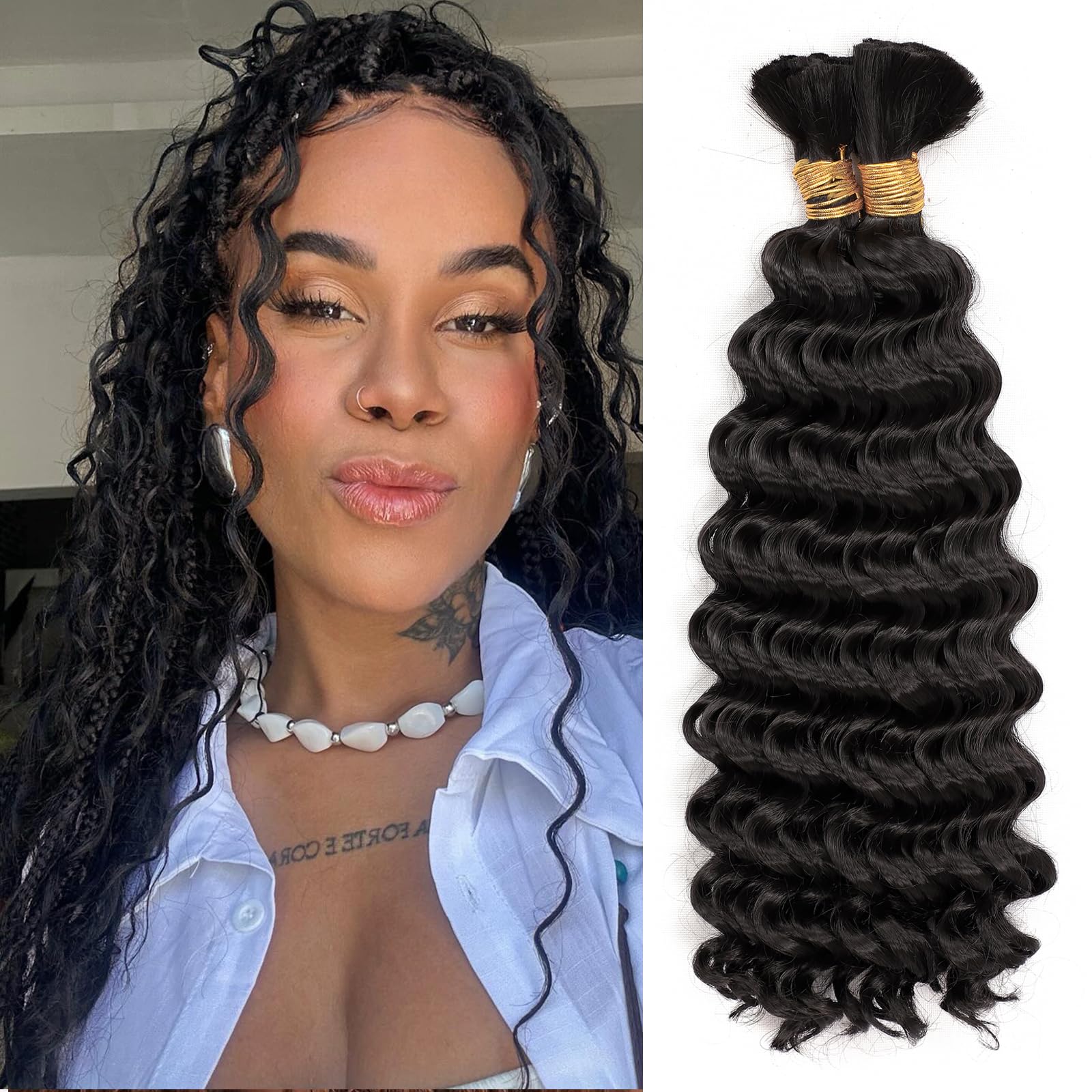 Photo 1 of 18 Inch Deep Wave Bulk Hair for Braiding 2 Bundles 200G Curly Braiding Hair for Boho Braids Curls 100g/Bundles Micro Twist No Weft Wet and Wavy Bohemian Braiding Hair Extensions, 2#