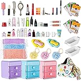 72Pcs Dollhouse Mini Jewelry Storage Case Handbag Towel Cosmetic Set Bathroom Acessories Toothbrush Shampoo Perfume Hair Dryer Comb Purse Decor DIY Doll Backpack Girl Micro Scene