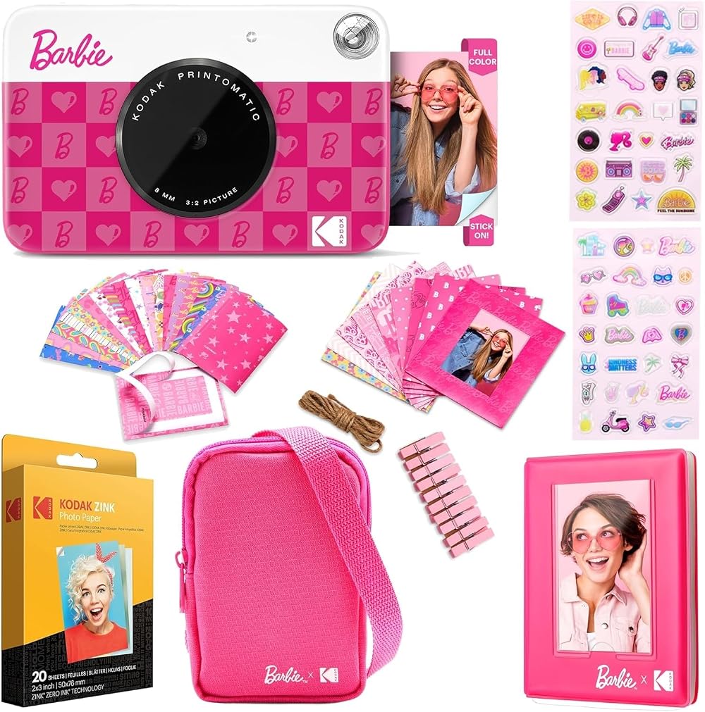 Kodak Barbie Printomatic Instant Camera Bundle with Case Album 50 Stickers Zink