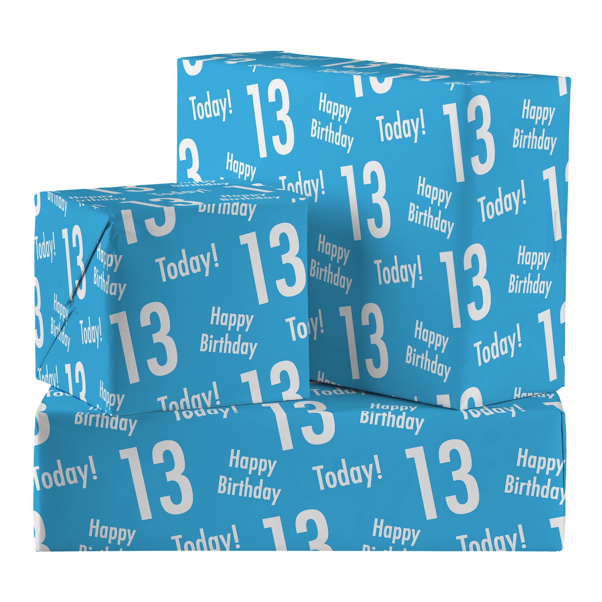 Hunts England - 2 Sheets Of 13th Birthday Blue Luxury Wrapping Paper For Him - Includes 2 Gift Tags - Age 13 Male Folded Gift Wrap - Urban Colour Collection - Age Thirteen Gift Wrap For Boys
