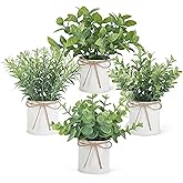 Mkono 4 Packs Small Fake Plants in Farmhouse Galvanized Pots Table Centerpiece Mini Potted Artificial Plants Faux Eucalyptus for Shelf Office Rustic Home Decor (White, Mini-6" H)