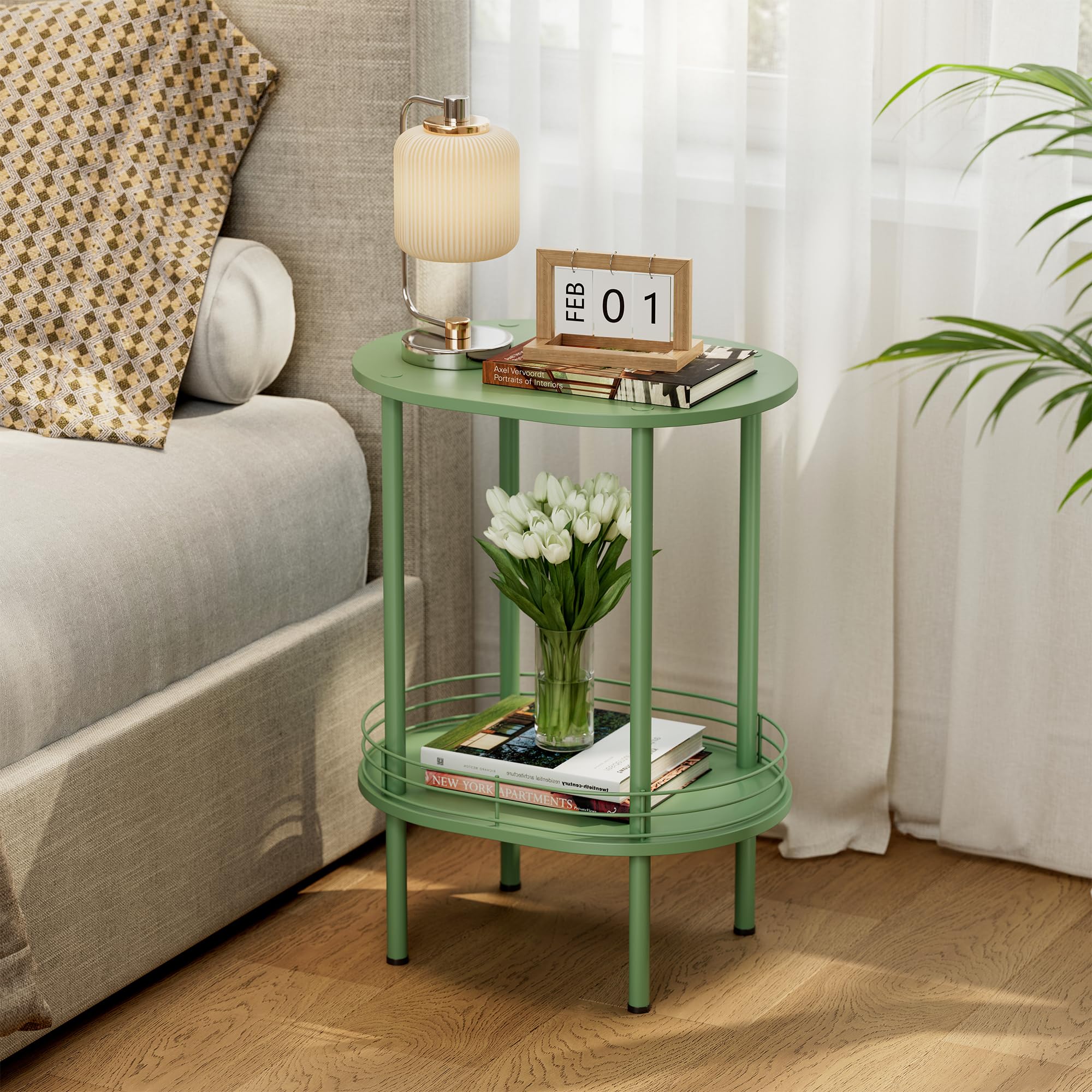 Photo 1 of Small Modern Oval Side Table with Storage,2-Tier Side Tables Living Room,Sturdy Nightstand for Small Space - Living Room, Bedroom, Bathroom, Nursery (1PC,Green)