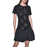 Karl Lagerfeld Women's Short Sleeve Sequin Mesh Ruffle Hem A-line Dress