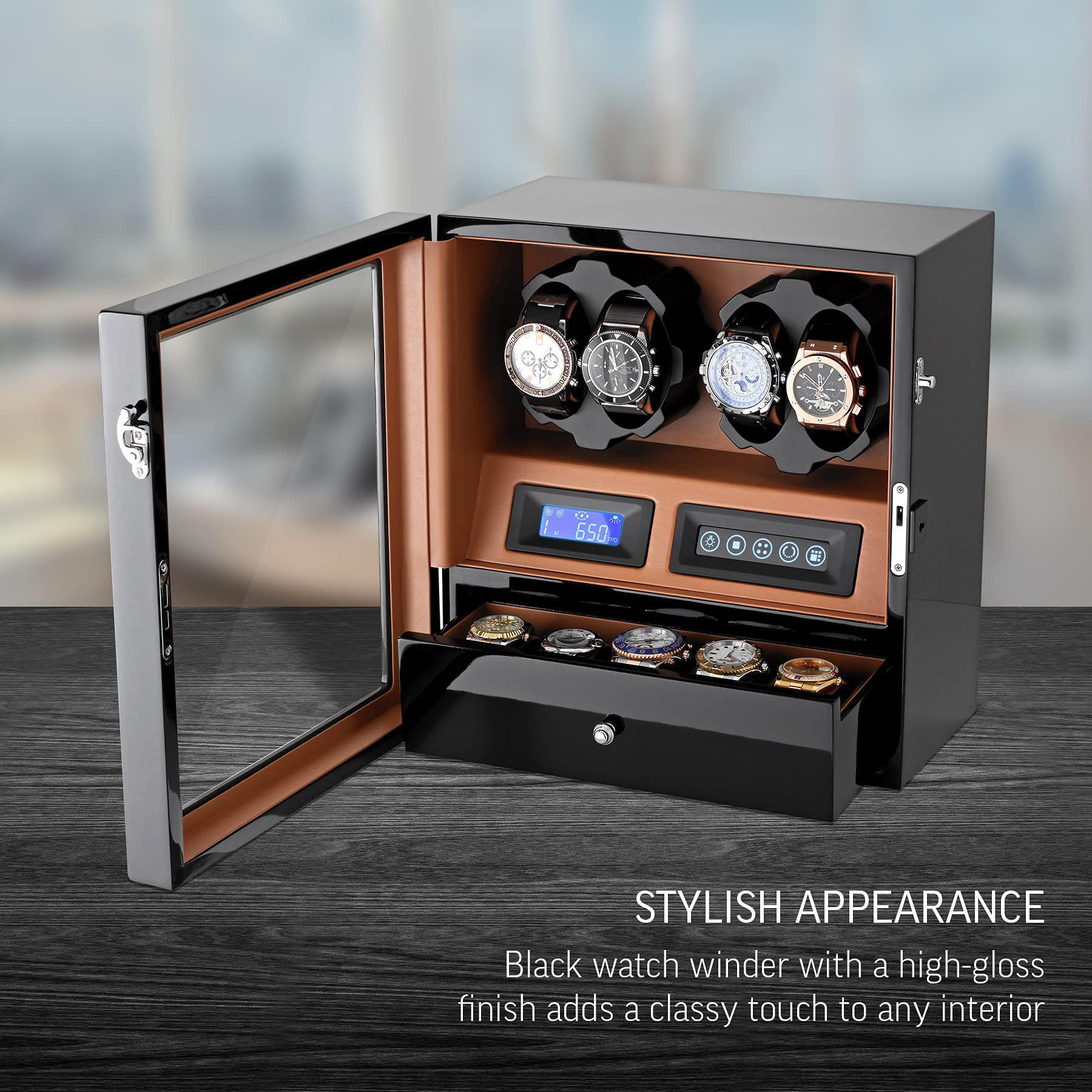 Leader WATCH WINDERS 4 Watch Winder with 5 Watch Storage Space, LCD Display, Touch Control and Interior Light