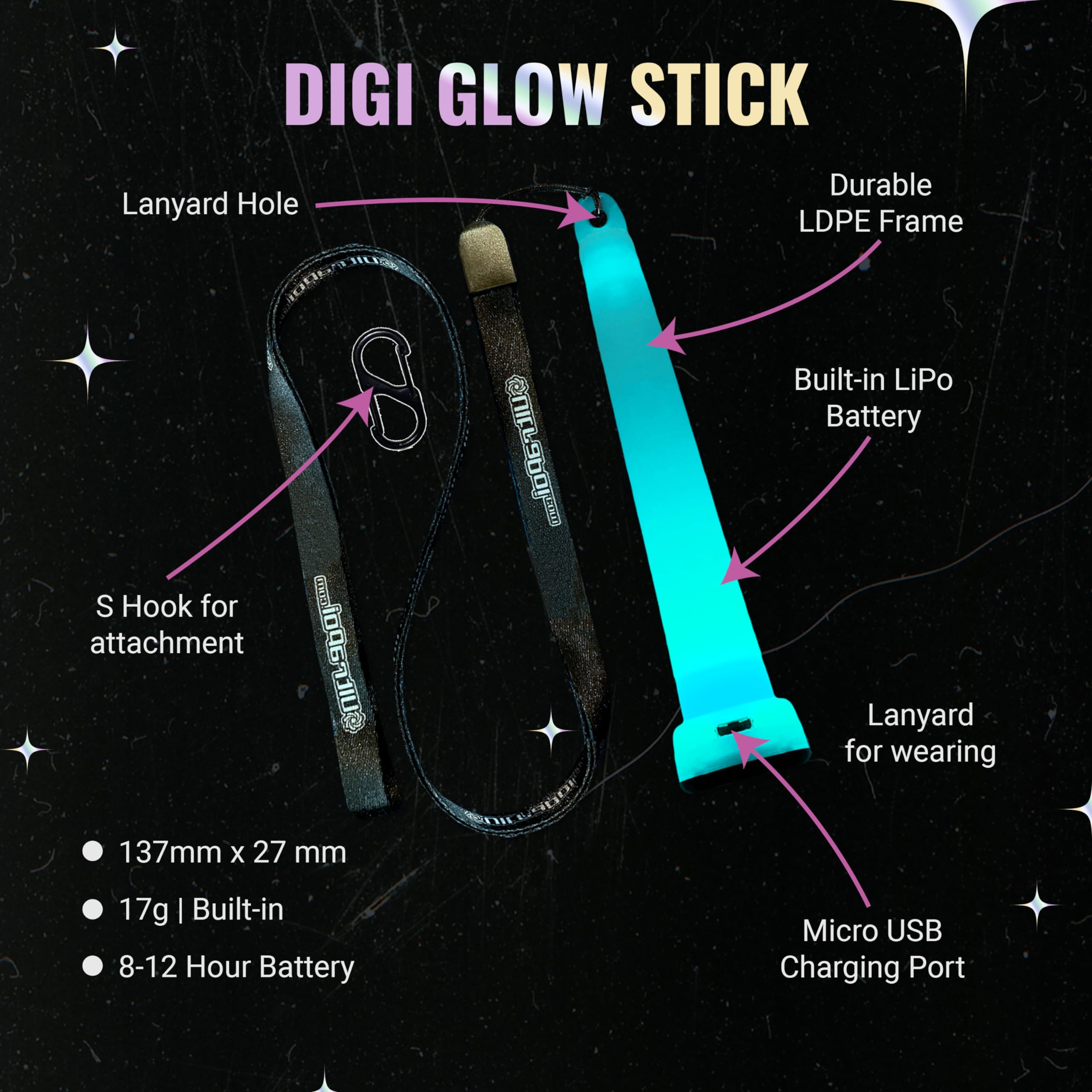 UltraPoi Digi Poi Set - Rechargeable Pocket LED Glow Stick Poi - Rainbow Light Stick with S Hook Clip & Lanyard - Customizable & Wearable LED Concert Light Stick for Poi, Camping, Backpacks & Parties