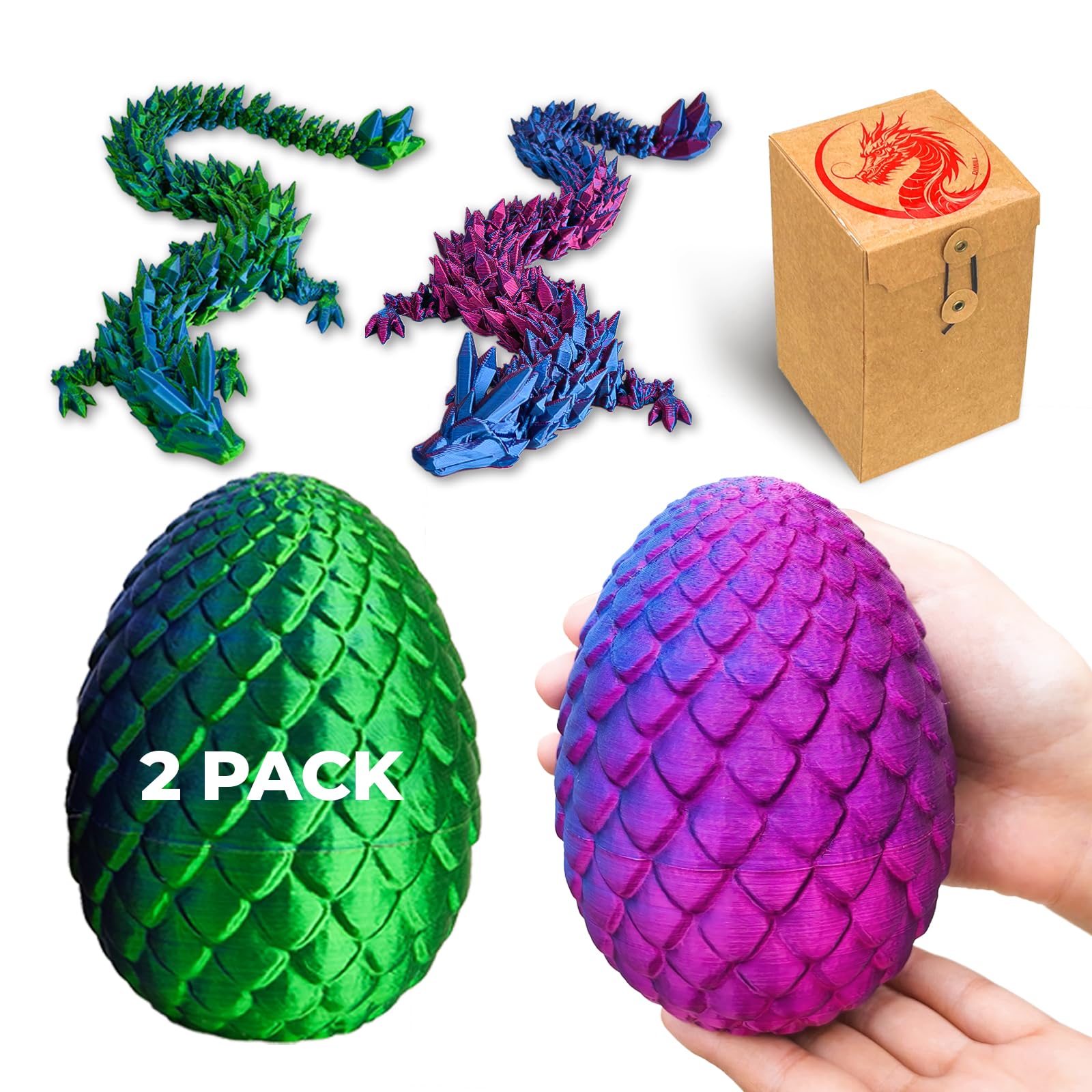 Photo 1 of 2 Pack 12 inch 3D Printed Mystery Dragon Egg, Extra Large Dragon Egg with Dragon Inside, Extra Long Dragon Fidget Toy, Surprise Dragon in Egg for Collectors, Gift for Easter?Easter Eggs