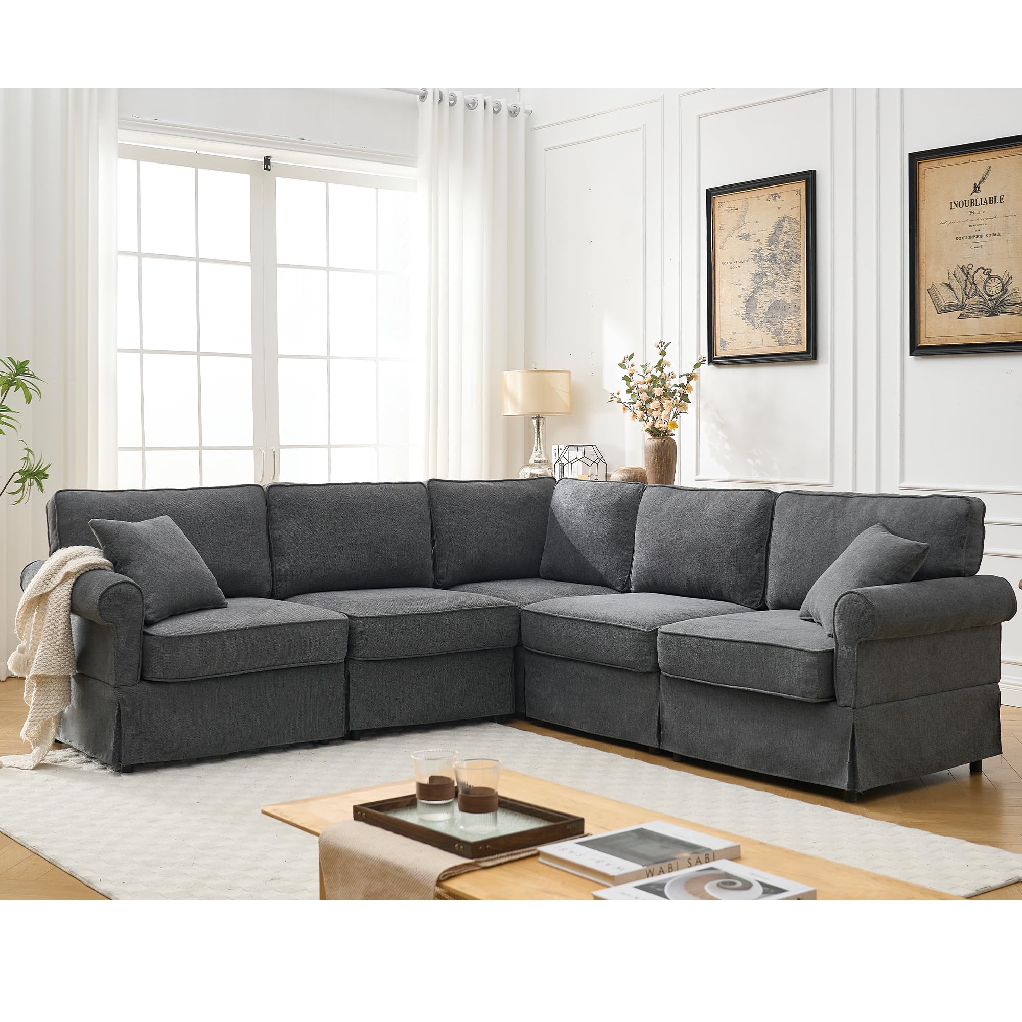 Photo 1 of *PARTIAL SET - Selling for parts ONLY*
KEIKI 94" L-Shaped Oversized Modular Linen Sectional Sofa with Rolled Arms, Cushion Back, Modern Convertible 5-Seater Corner Couch, Easy Assembly, for Apartment, Living Room, Bedroom, Dark Gray