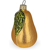 Pear with Green Leaf Glass Christmas Ornament 3.8 Inches