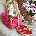 Tickle Cart Guruji Darbar Includes Couch Singhasan with Guruji Swaroop, Charan Paduka and Gold Plated Butterfly on mat | Shukrana Blessings | Imported Wood | Premium Fabric | Color : Chatak Pink