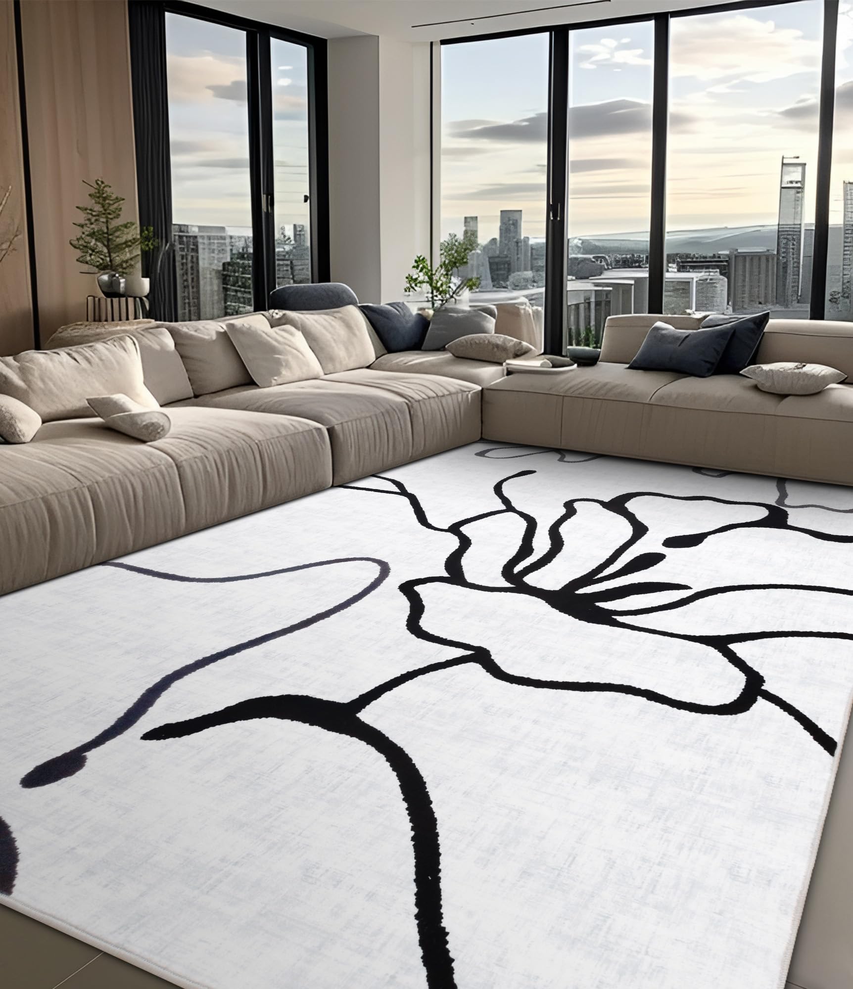 Photo 1 of chakme Modern Abstract Washable Rugs 5x7, Non Slip Soft White and Black Area Rug for Bedroom, Thin Geometric Minimalist Striped Rug, Stain Resistant Area Rug for Living Room