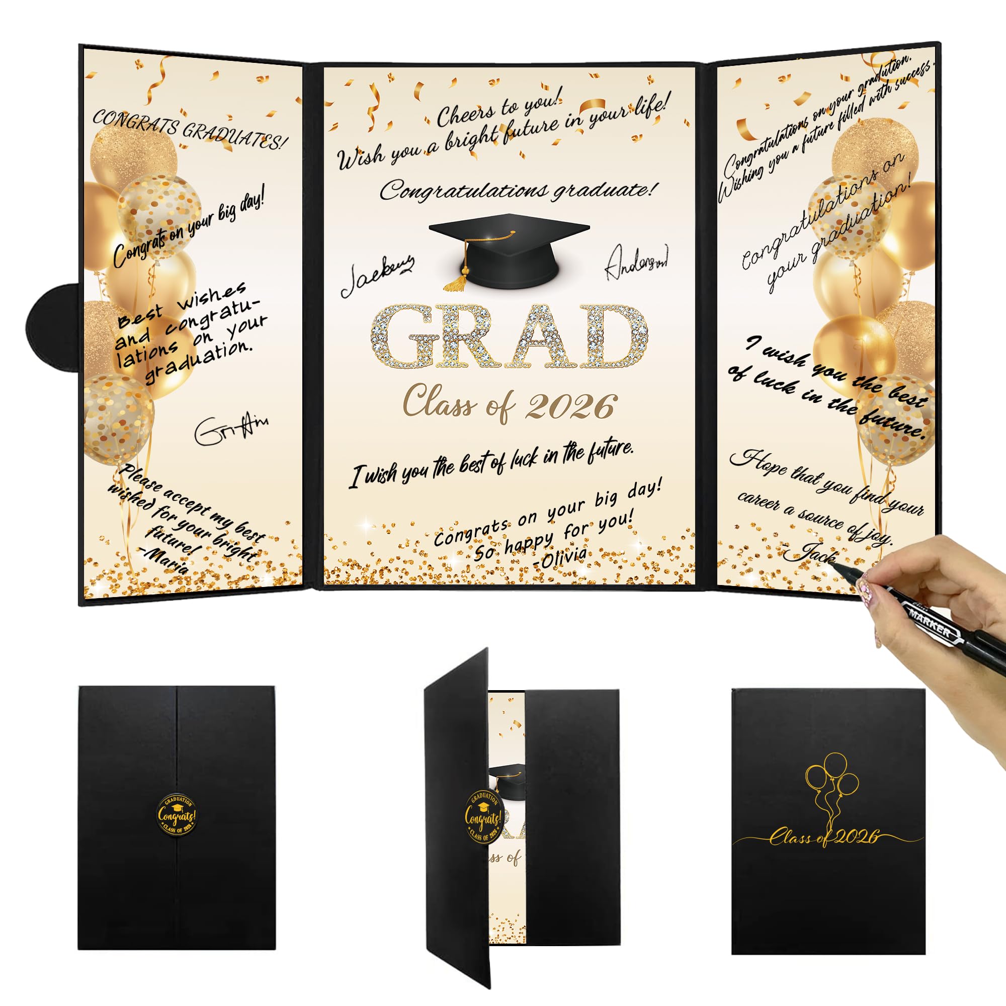 DARUNAXY Black Gold Graduation Party Decorations, Class of 2026 Congratulations Graduates Alternative Signature Guest Book for Men Women Happy Graduation Gifts Congrats Grad Party Signing Card Board