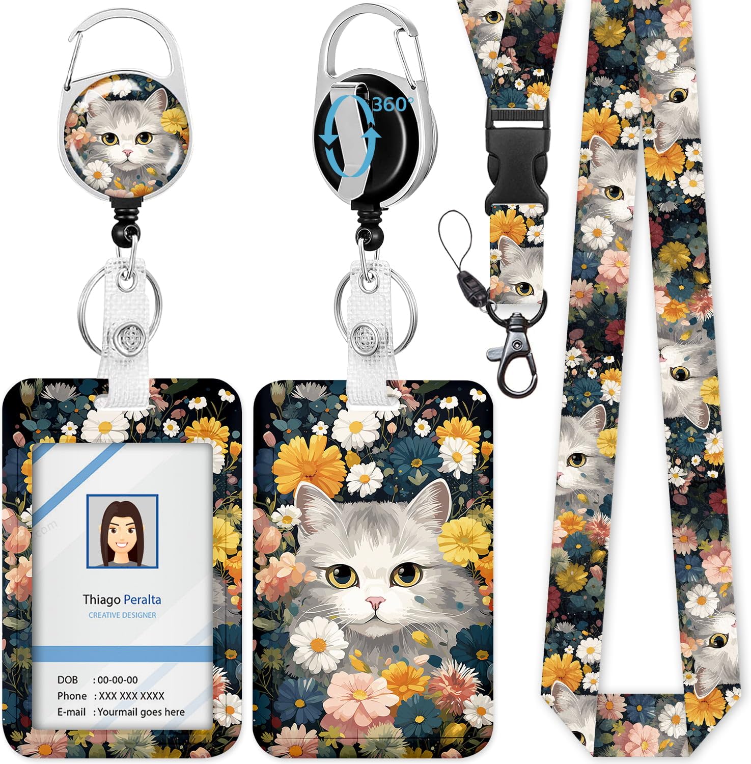 ID Badge Holder with Lanyard, White Cat Flower Badge Holders Reels with Detachable Lanyards, Cute Work Card Retractable Keychain Vertical ID Card for Nurse Students Teachers Office Staff
