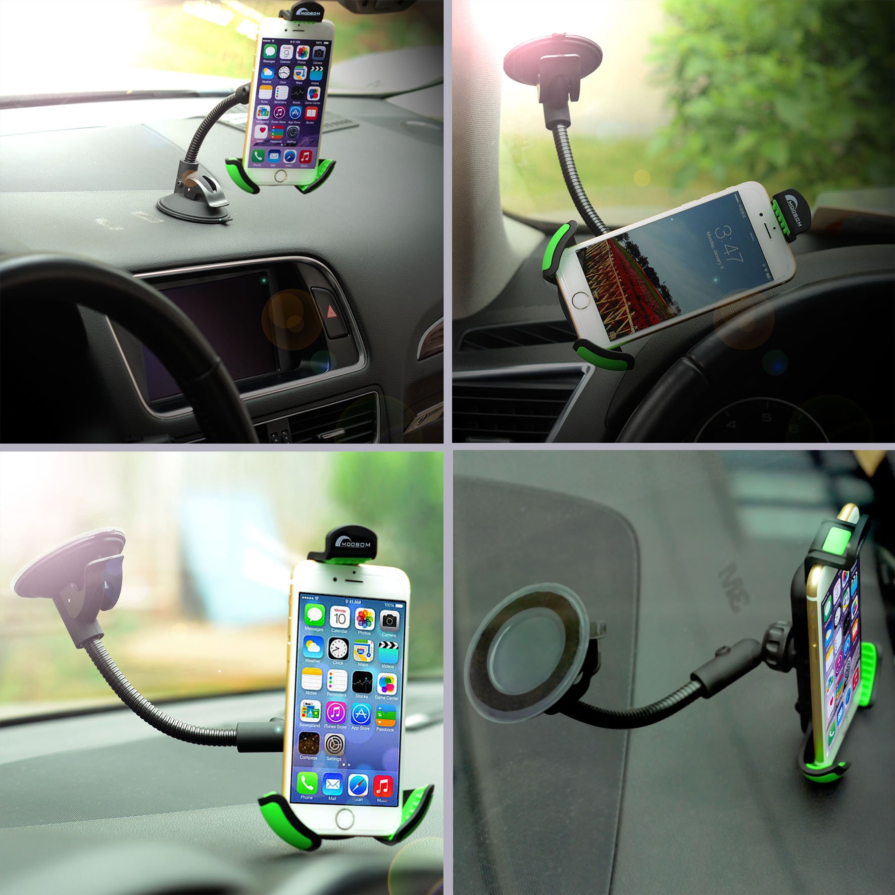 Moobom Car Mount Long Arm Suckers Handsfree Holder With 360 Degree Rotation Suction Cup Cradle on Universal Windowsheild Dashboard for iPhone Samsung Various Smartphones