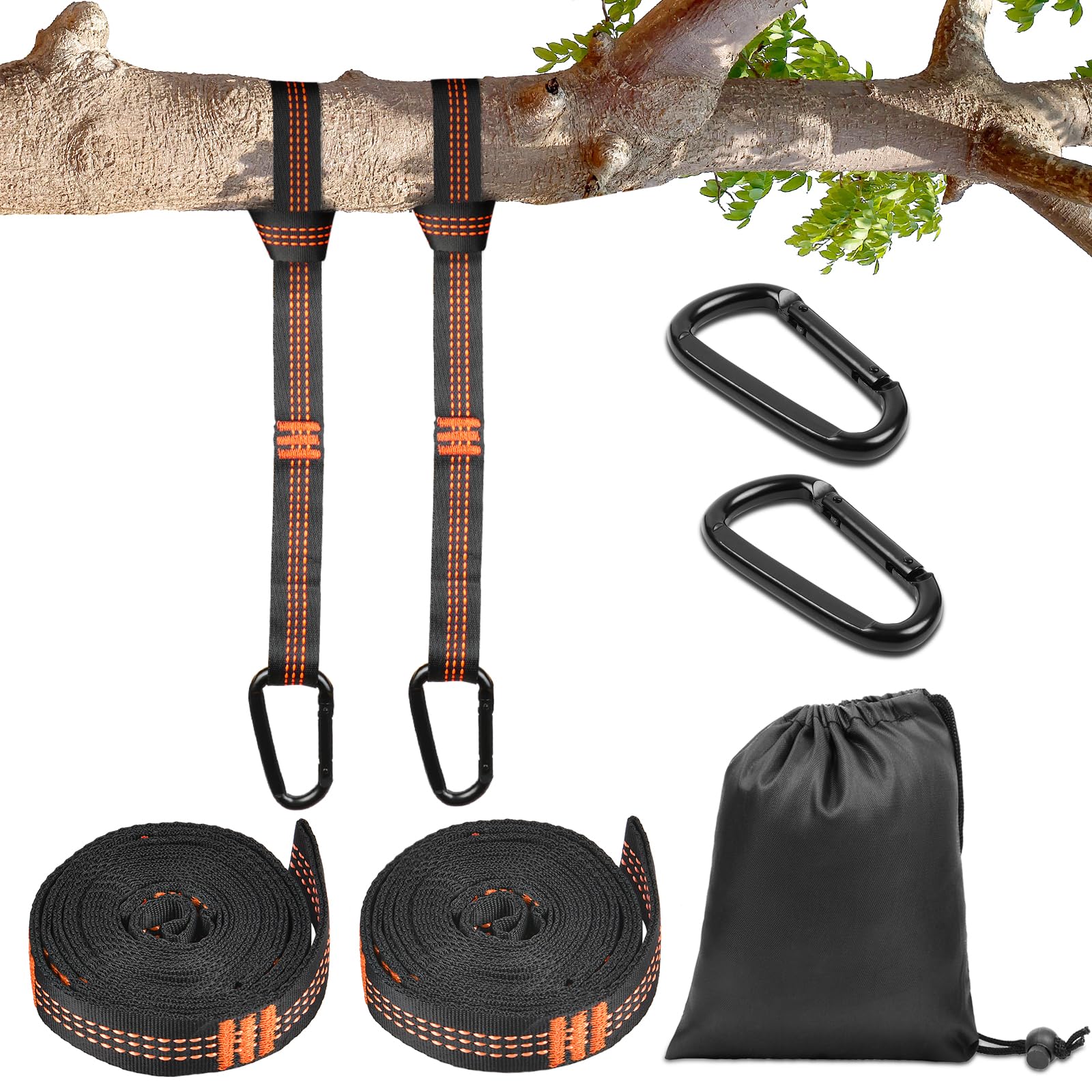 Vicloon 2pcs Hanging Rope, 3M Hammock Swing Straps Polyester String with 2 Black Buckles, 10+1 Ring Adjustable Hammock Straps for Tree Swing Camping Hammock Holds to 1000lbs (Orange)
