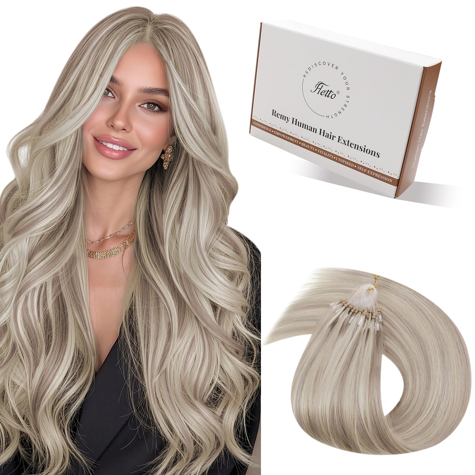Hetto Micro Beads Hair Extensions Ash Blonde Mix Bleach Blonde - Micro Rings Real Human Hair Prebonded Extensions, Heat Resistant for Curling & Straightening 40g 50strands 12 Inch #18/613 — image 1