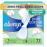 Always Pure Cotton, Organic Cotton top Layer Pads for Women with Wings, Feminine Care, Period, Menstrual, Sanitary, Postpartum, toallas sanitarias para Mujer, Size 2 Heavy Absorbency, Unscented, 72ct